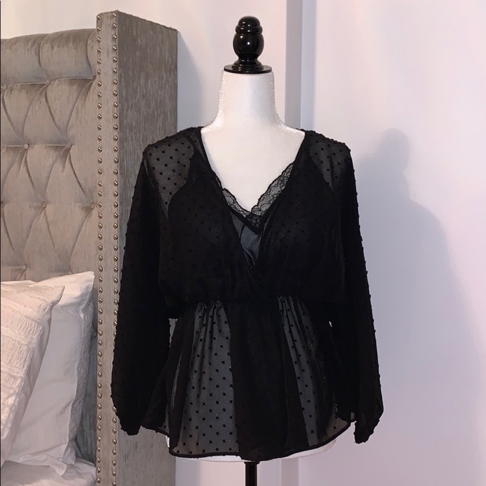 Zara Black Sheer Polka Dot Lace-Trim Blouse
